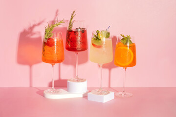 Summer alcoholic cocktails with ice. Relaxing refreshing drinks for hot summer