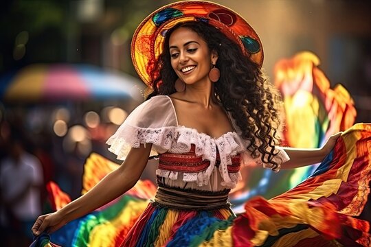 Mexican woman dancing during celebration, national mexico day concept, mixed race ethnic diversity