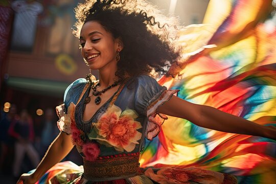 Mexican woman dancing during celebration, national mexico day concept, mixed race ethnic diversity