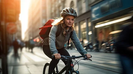 Tuinposter Woman riding a bike in the city heading to the work office business. fast live in the city © Banana Images