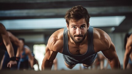 Fototapeta premium Crossfit man at gym, big muscle potential concept, heavyweight lifting. Natural training health