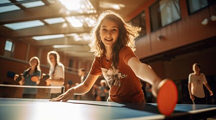 People playing table tennis during a competition, fun and happy moment, wide angle shot - obrazy, fototapety, plakaty