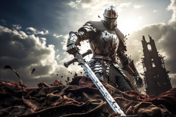 Knight in shining armor, raising a sword - obrazy, fototapety, plakaty