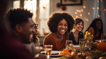 Fotobehang African american family dinner during thanksgiving day. Happy people eating together laughing © Banana Images