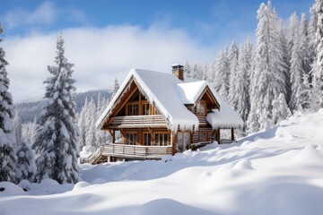 Rustic log cabin covered in fresh snow, exemplifying the rustic charm of mountain accommodations - Generative AI