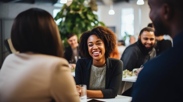 Young business woman african american happy with colleagues, modern company concept