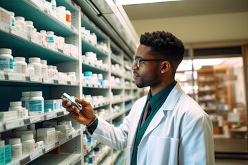 Portrait of Helpful Black Male Pharmacist looking for medicines, young people at proffesional works