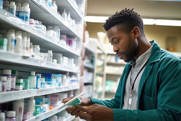 Portrait of Helpful Black Male Pharmacist looking for medicines, young people at proffesional works - obrazy, fototapety, plakaty
