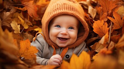 Baby in autumn leaves happy smiling to camera, kids during fall weather