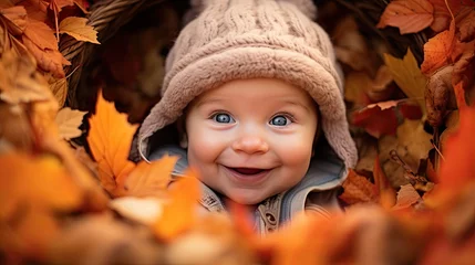 Fotobehang Baby in autumn leaves happy smiling to camera, kids during fall weather © Banana Images