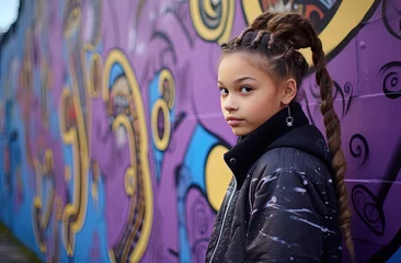 Cercles muraux Graffiti close up portrait of happy girl wearing hair braid with painted wall background, Generative Ai