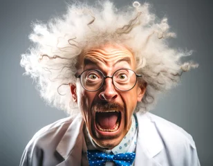 Fotobehang A character portrait of a mad scientist with wild hair and a lab coat, caught in a moment of surprise and alarm. The image humorously captures the essence of this iconic, quirky persona. © InputUX