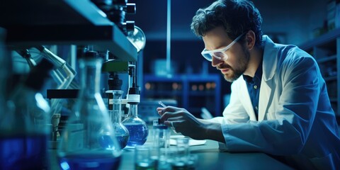 Senior scientist, man and microscope, analysis and science study with medical research.