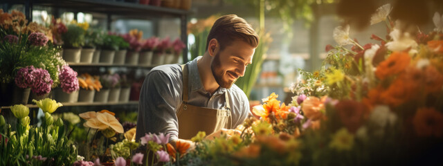 Young man working in a flower store - obrazy, fototapety, plakaty