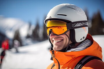 Portrait of man at the ski resort on the background of mountains and sky