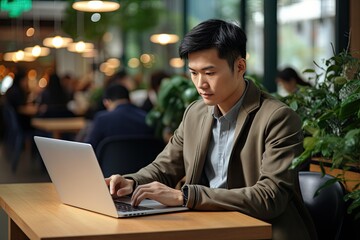 Asian handsome business man working on laptop at the coffee shop in the office, checking mail