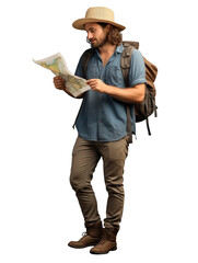 Casual Man Holding Map, Wearing Fedora, PNG Transparent Background