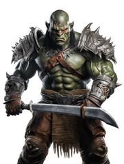 Menacing Fantasy Character with Green Armor and Sword, PNG Transparent Background