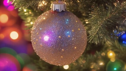 A closeup of a sparkling christmas tree with balls
