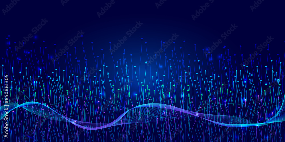 Poster neural networks, technology and science. abstract neural connections on dark blue background for web