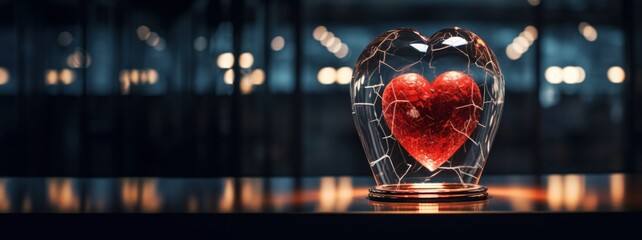 Health insurance concept with red heart under the glass cover. Healthcare, finance and medical service. Fragile crystal heart as a symbol of life under insurance protection