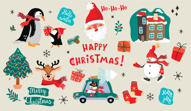 Happy Christmas! Funny colorful collection with hand written text and cartoon characters.Snowman, Santa Claus, penguins, deer, Christmas tree, house and gifts.Vector flat isolated illustration.
