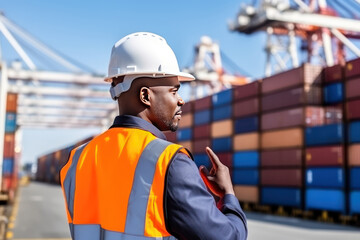 Portrait of a serious African-American industrial engineer in a white hard hat supervising the operation of cranes while loading containers. Foreman or supervisor of a container terminal. - obrazy, fototapety, plakaty