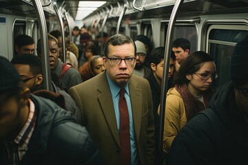 Naklejka premium crowd of people passengers at underground subway platform look unhappy and serious, Generative Ai