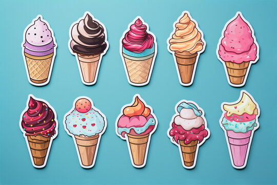 Ice cream Stickers, Flat cute ice cream cone sticker pack, A set of ice cream stickers isolated on blue background, comic style ice cream cones, cartoon concept ice cream stickers, candy stickers