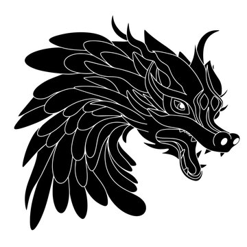 Hand drawn silhouette of dragon head. Silhouette dragon head isolated on white background. Vector illustration.