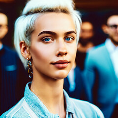 Highly detailed Portrait of a female Manager standing in front of her colleagues, in a corporate wear