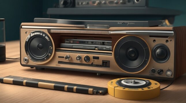 retro technology of radio cassette recorder music with retro tape cassette on wood table 