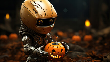 Little robot with a pumpkin in the middle of Halloween, Generative AI