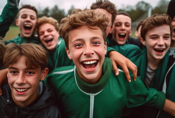 A high school soccer team of teenage boys revels in the excitement of their recent victory. Gathered on the field, their faces glowing, they personify the essence of friendship and teamwork in sports. - obrazy, fototapety, plakaty