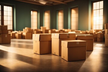 cardboard boxes in a large empty bright room relocation. ai generative