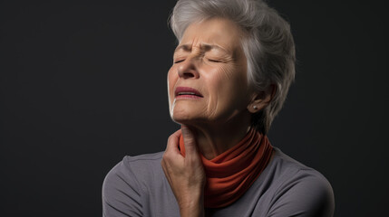 Fototapeta premium Woman touching painful neck, sore throat for flu, cold and infection