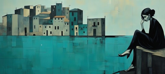 painting artistic style illustration of a woman sitting at river bank looking at city, Generative Ai	
