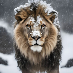 Lion with snow on its head, regenerative AI by Aquiles Orfei