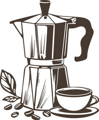 Stylized moka coffee pot with cup of coffee and roasted beans isolated on white background. Vector illustration.	