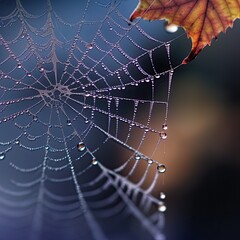 Fototapeta premium spider web with dew drops on a maple leaf in a tree.