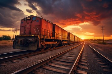 Cargo train at sunset. International train transport