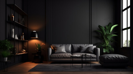 living room interior in black theme with sun light through window with black wall
