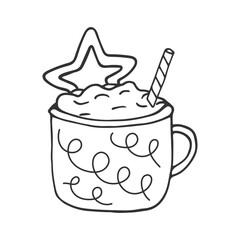 Cute cup of hot chocolate or cocoa with cream. Winter cozy doodle illustration. Seasonal warm drink. Hand drawn Design element for cafe menu, invitations, advertising, cards