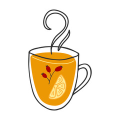 Doodle outline cup of hot tea with lemon. Vitamin healthy drink. Healthy lifestyle concept. cozy autumn winter element