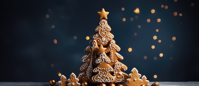 Gingerbread cookie and wooden spoon Christmas tree on dark blue background with room for text Celebration and cooking theme for the holidays Postcard for Christmas and New Year