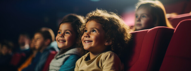 Happy smiling kids sitting in a movie theater and watching a movie. - obrazy, fototapety, plakaty