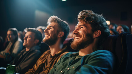 Fototapeta premium Happy friends sitting in a movie theater and watching a movie.