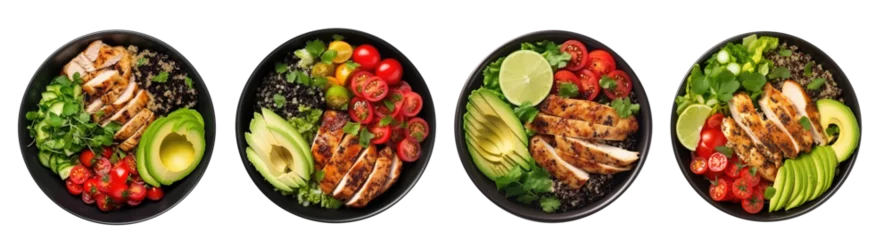 Fototapeten set of Healthy and delicious salad bowl with  chicken, avocado ,and tomato, good source of protein. It is a healthy dish for dinner, isolated on a white or transparent background. top view  © Transparent png