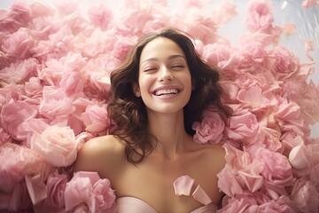 close up portrait of cute happy Asian woman in pink rose flower blossom field, Generative Ai	