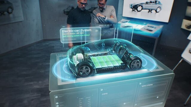 Two automotive engineers develop body of new eco-friendly electric car using futuristic augmented reality holographic automobile prototype. 3D graphics of vehicle high-tech developing. VFX animation.